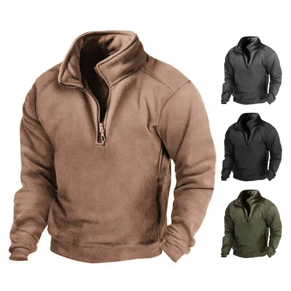 Men Autumn Winter Solid Color Sweatshirt Stand Collar Zipper Half Placket Pullover Long Sleeve Windproof Outdoor Hunting Tops