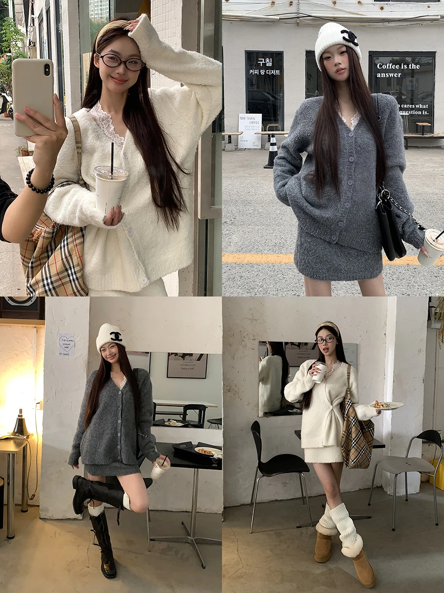 

Red Celebrity Woolen Knitted Set Women's Autumn Winter Fashion Two-Piece Suit Korean Style V-Neck Long Sleeve Dress Ensemble