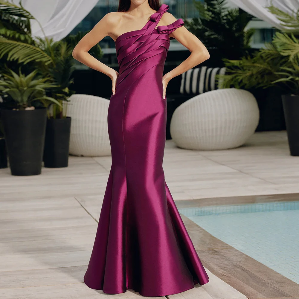 

Customized Mermaid Evening Dresses Floor-length One-shoulder Sleeveless Prom Gown Fashion Bow Pleat Backless Draped Party Gown