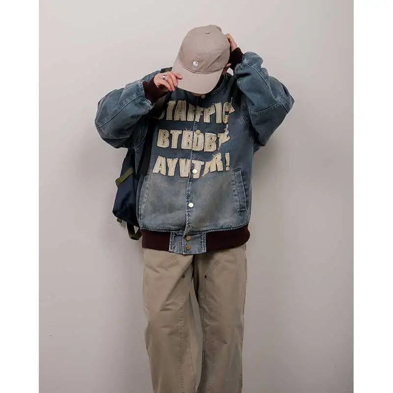 

Американский модный брендовый джинсовый тюнер в стиле ретро с надписью в стиле пэчворк, универсальный тюнер свободного покроя для мужчин и женщин