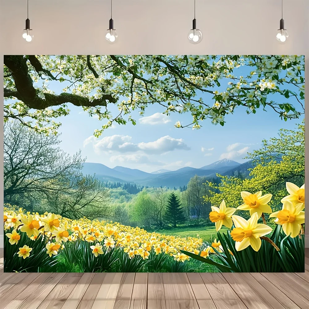 Charming Spring Landscape Tapestry with Blooming Daffodils and Scenic Mountains - Perfect for Enhancing Any Room Decor