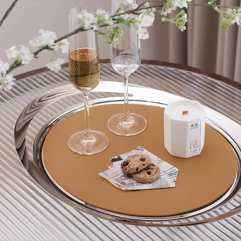 Stainless Steel Mirror Storage Tray Luxury Serving Platter with Leather Mat Elegant Breakfast Display Modern Afternoon Tea Decor