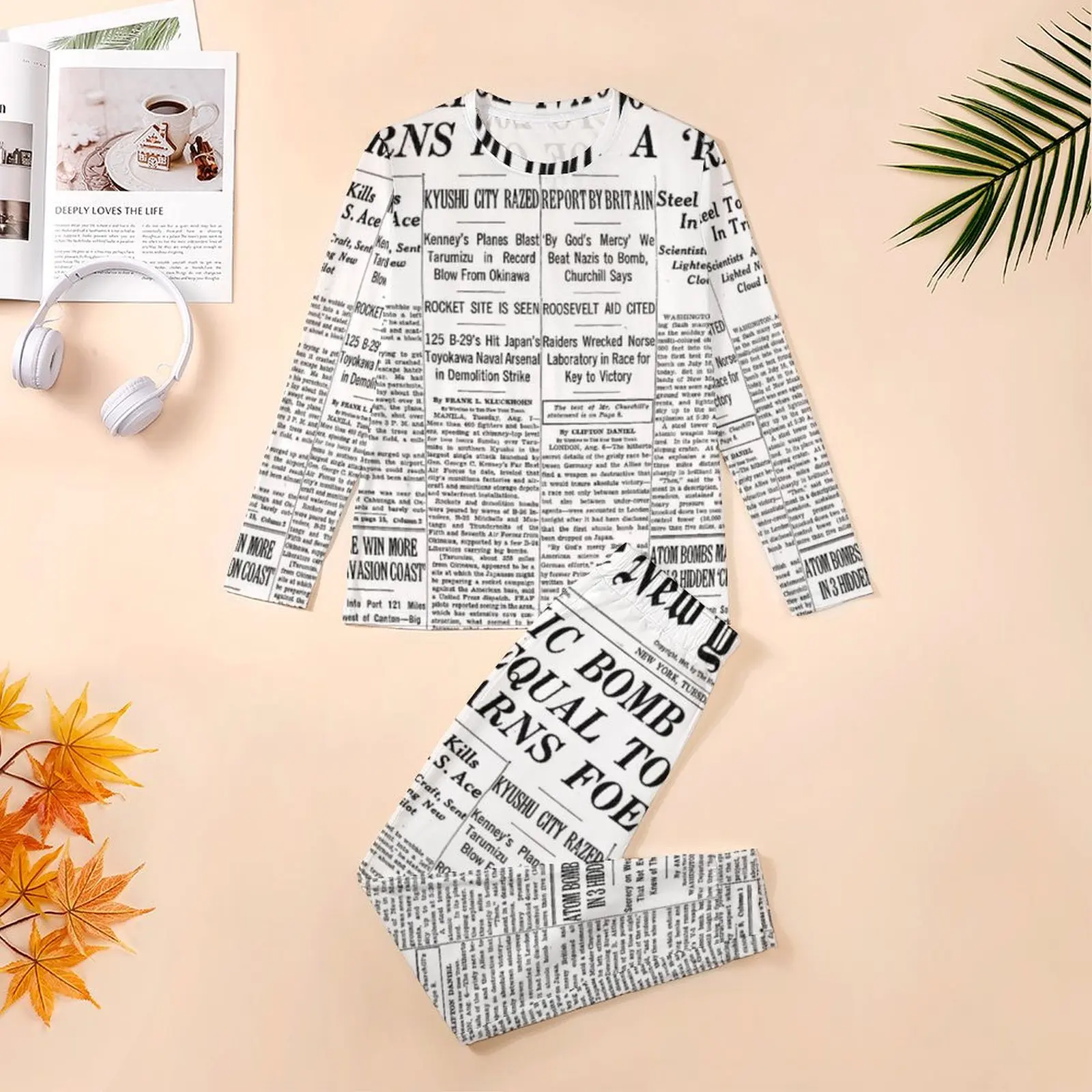 Cool Newspaper Pajamas Long Sleeve Letter Print 2 Pieces Aesthetic Pajamas Set Spring Male Graphic Warm Big Size Nightwear