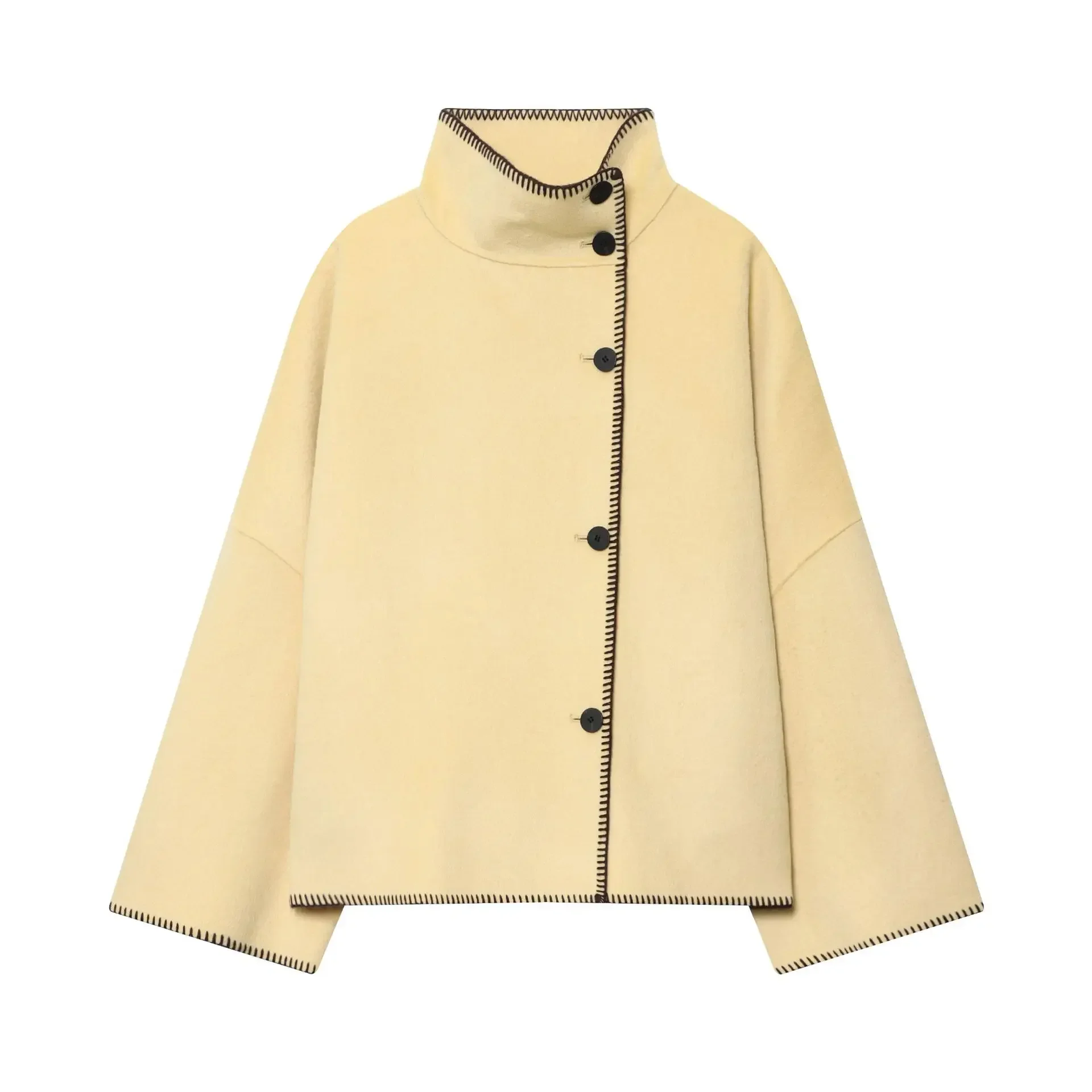 

Woman's Loose Jacket Simple Stand Collar Long-sleeved Oblique-breasted Solid Color Cropped Jacket Commuting Autumn New Chic Coat