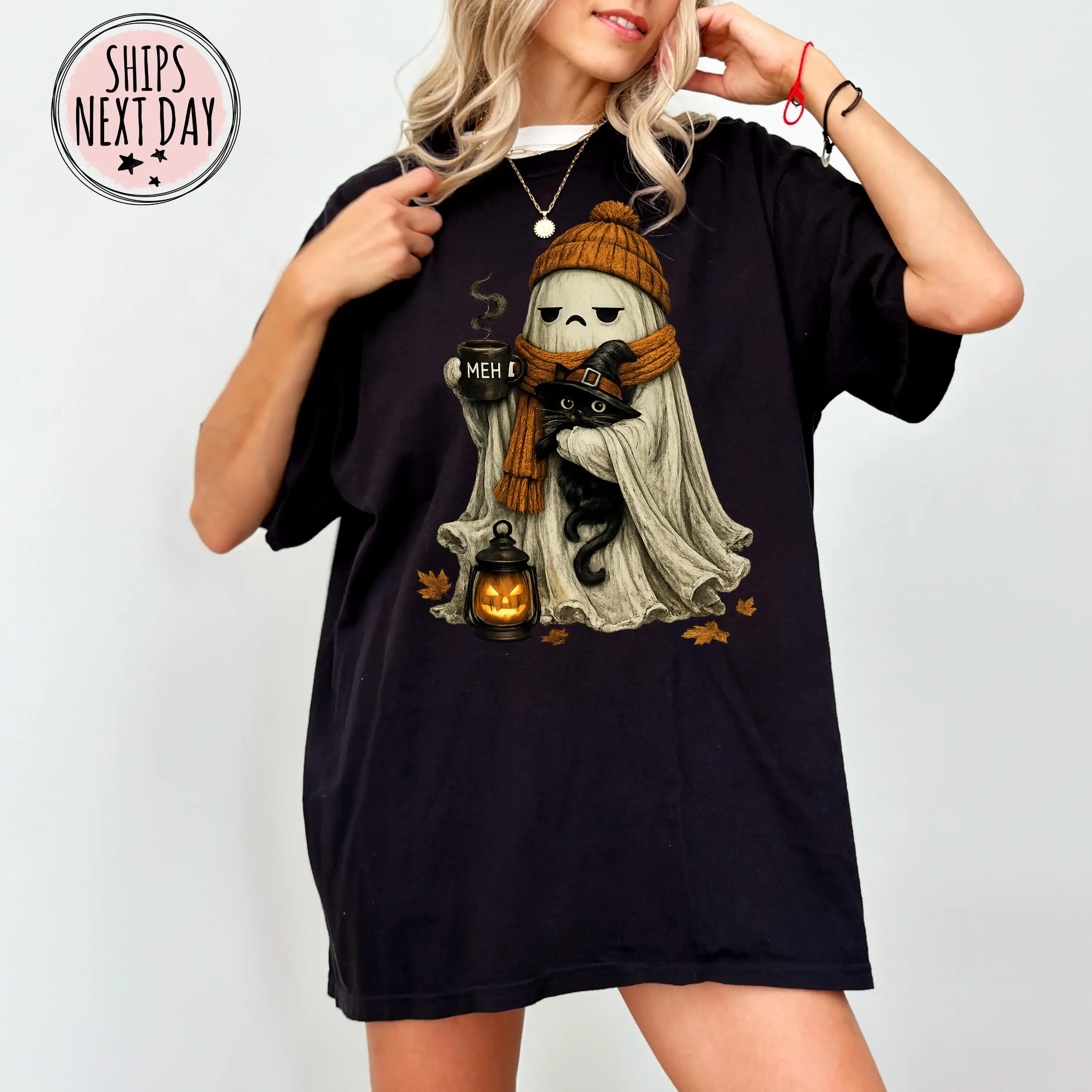 Halloween Cat Shirt, Ghost Black Cat Tee, Funny Fall Gift Tee T-shirt
