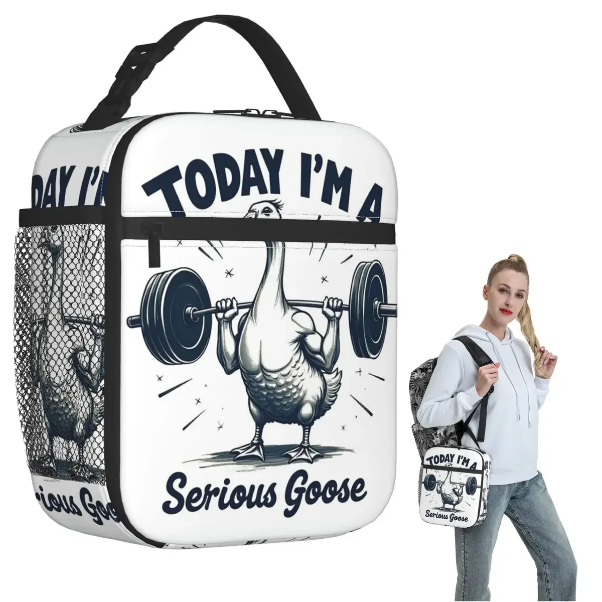 Today I'm A Serious Goose Lifting Weights Gym Insulated Lunch Bag for Women Kids Portable Food Boxes Thermal Lunch Box Tote