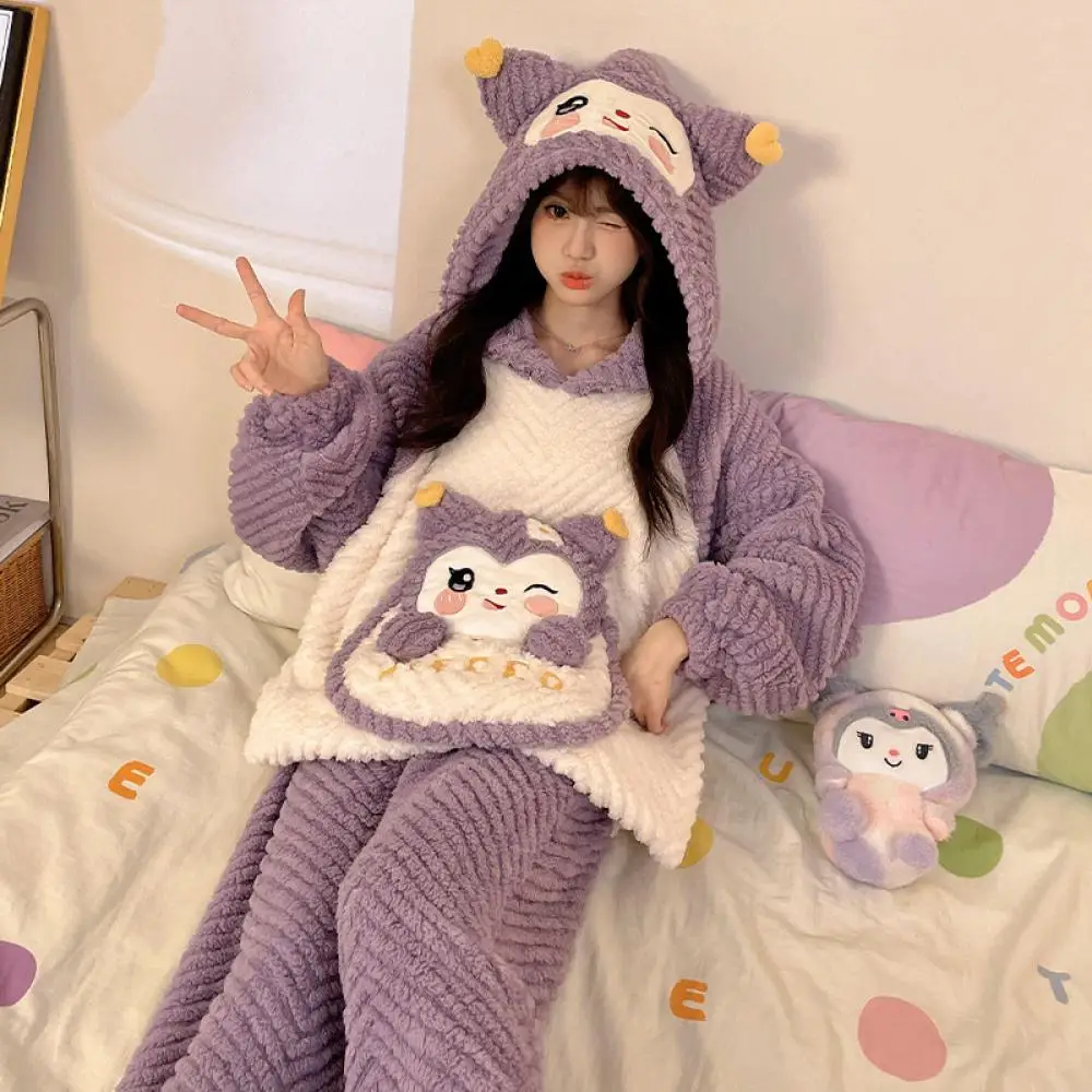 

Kawaii Kuromi Women Plush Pajamas Set Sanrioed Autumn Winter Thicken Hooded Home Clothes Girls Thicken Cute Cartoon Tops Pants