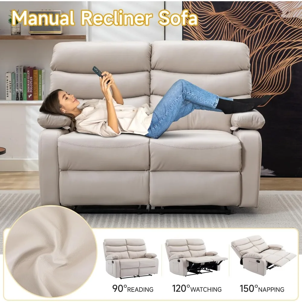 Recliner Sofa, Small Sofa Couch, PU Leather Reclining Sofa 2-Seater Manual Double Seater Recliner with Side Pockets