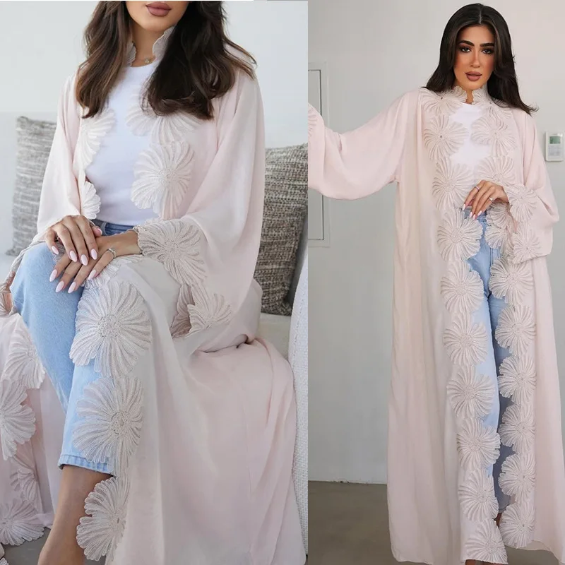 Luxurious Abaya Embroidered Botanical Applique Abaya Floorlength Openfront Sleeved Abaya Arabian Eveningwear Gownstyle Kaftan
