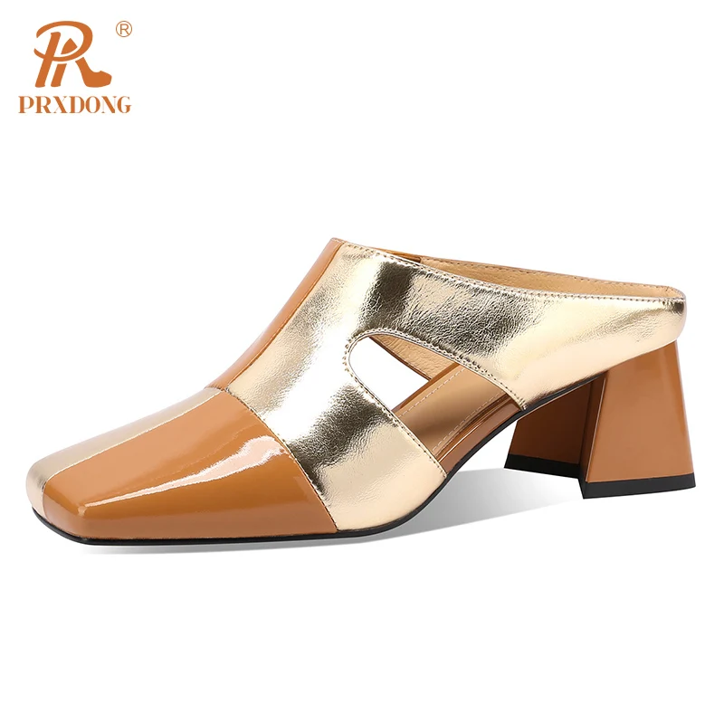 PRXDONG Women's Shoes New Brand Summer Genuine Cow Leather Med Heels Open Toe Silver Gold Dress Casual Female Slippers Sandals