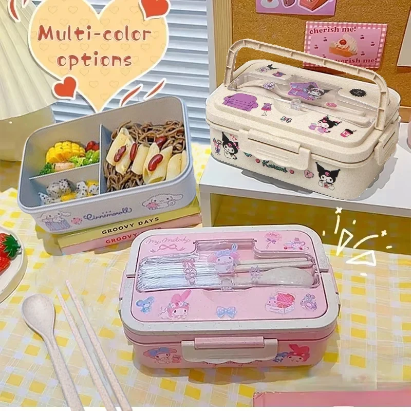 

Kuromi Cinnamoroll Melody Heatable Lunch Box Student 3 Grid Bento Box with Spoons Chopsticks Anime Food Storage Lunchbox Gifts