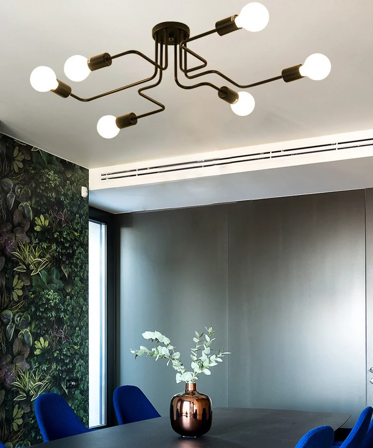Vintage living room ceiling light, multi pole forged iron bedroom ceiling light, E27 bulb, living room lighting fixture