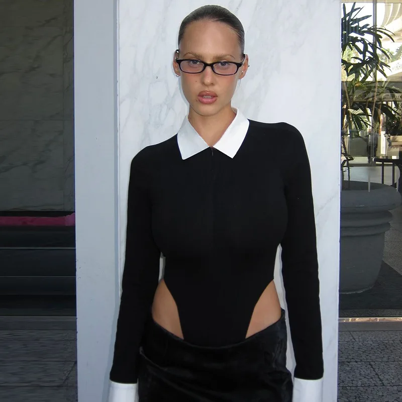 

Street Sle Casual Faionable Bla White Splice Design Lapel Jumpsuit Zipper Chest Design Slimming Long Sve Base irt