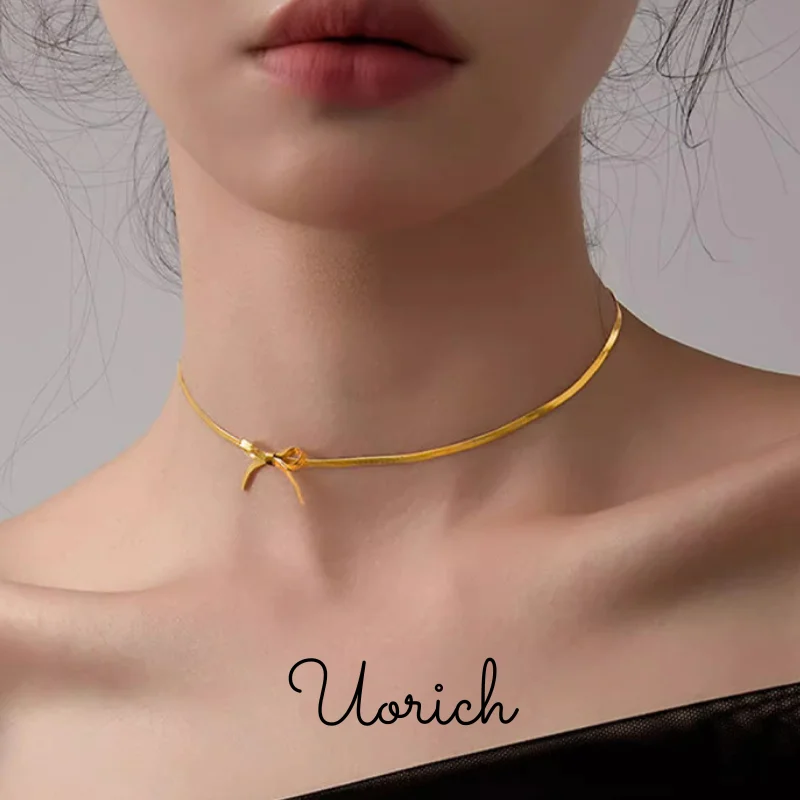 Uorich Simple Stainless Steel Bow Snake Bone Chain Neck Chain for Women Fashion Premium Commuter Collarbone Necklace Jewelry