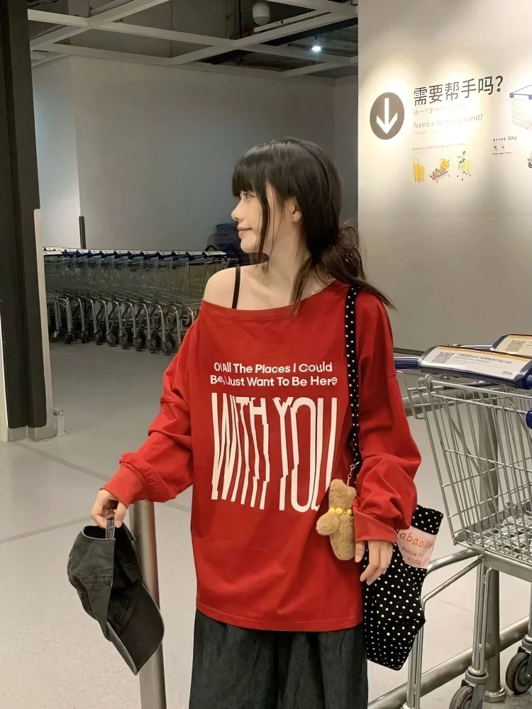 Y2k Brief Drucken Lange hülse Oversize T-shirt Frauen Vintage Off schulter Top Weibliche Designer Casual Baggy Basic Tees