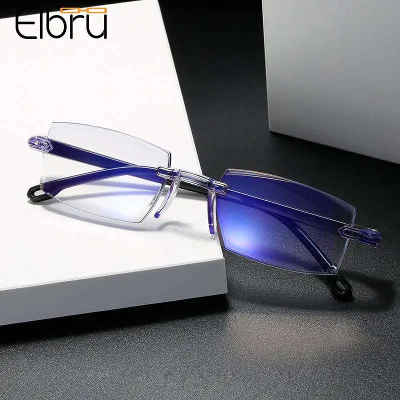 Elbru Rimless Myopic Glasses Men Business Anti-blue Light Frameless Prescription Nearsighted Glasses Women Diopter Eyewear -1~-4