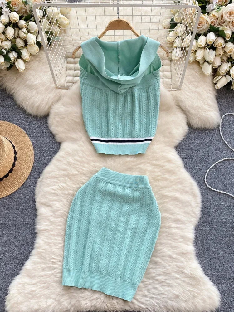 Summer Small Fragrant Knitted Two Piece Set For Women Hooded Crop Top Knitwear + Mini Skirt Suits Casual Sweater 2 Piece Outfits