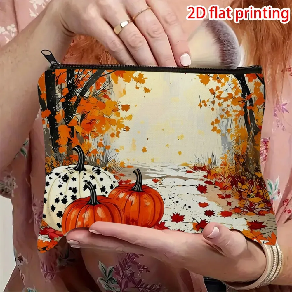 Watercolor Autumn Pumpkin and Fallen Leaves Makeup Bag Vibrant Autumn Forest Scene Suitable for Storing Cosmetics Storage Bags