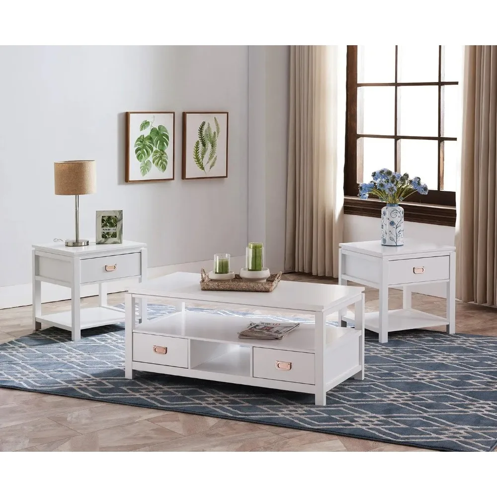 3 Piece White Finish Wood Storage Occasional Table Set, Coffee Table & 2 End Tables, 42