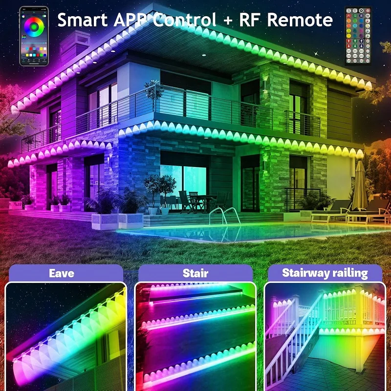 100FT Permanent Outdoor RGB Eaves Lights - IP67 Waterproof With Smart App Control Remote, DIY Scene Modes, Music Synchronization