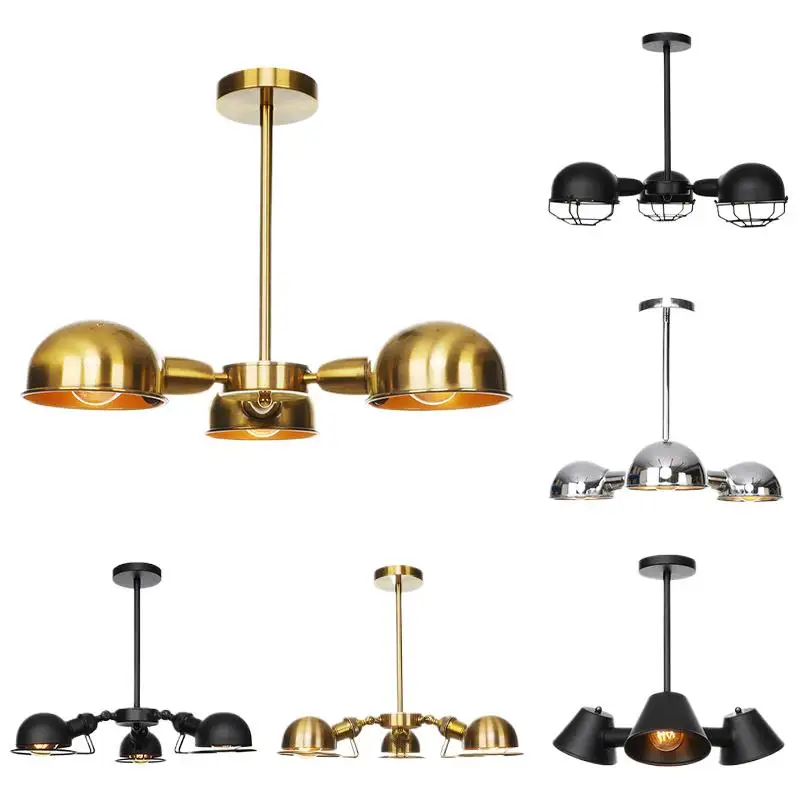 

Modern Wrought Iron Brushed Golden / Black Chrome Finish 3 Heads LED E27 Pipe Erected Pendant Lights for Living Room