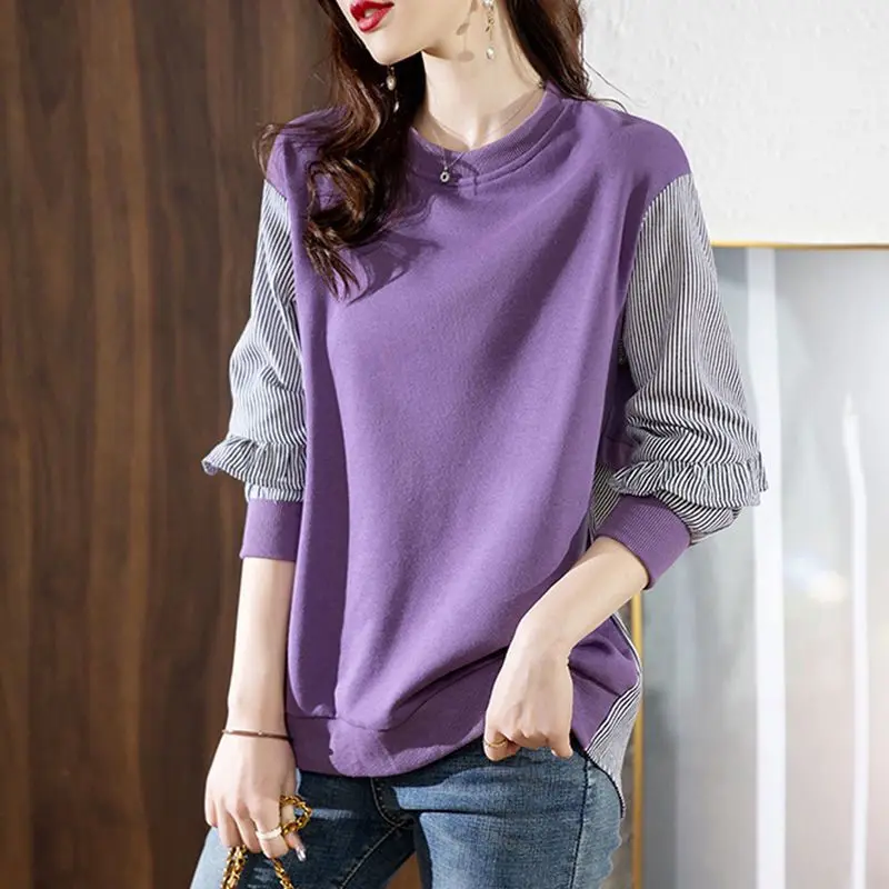 

Women Striped Spliced Solid Color Sweatshirts Autumn Winter Korean Casual All-match Ruffles Long Sleeve Pullovers Tops Female