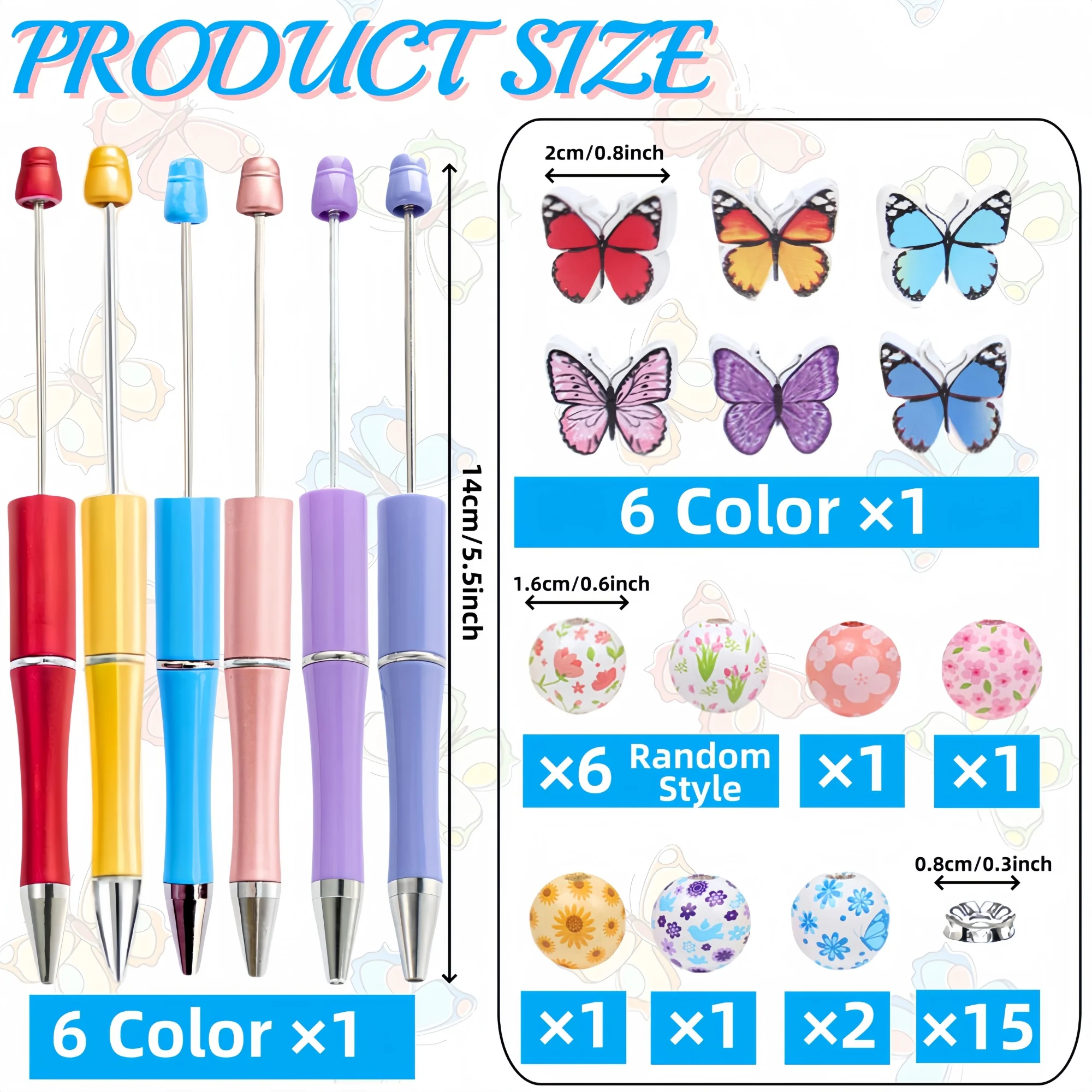 6 قطعة جديد الربيع والصيف قوس قزح فراشة زهرة موضوع DIY بها بنفسك حبة قلم حبر جاف ومجموعة خرز خشبي ، مكتب ودراسة العرض