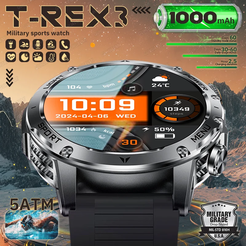 

2026 New Military Outdoor 1000mAh HD AMOLED SmartWatch Men Sports Fitness LED Flashlight 5ATM Waterproof Wireless Call Smartwatc