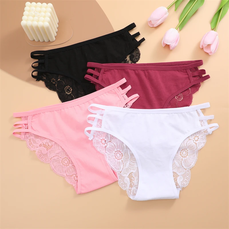 FINETOO 5PCS Women Lace Floral Underpants Sexy Triple Belts Panties Female Low-Waist Perspective Briefs Soft Lingerie Underwear