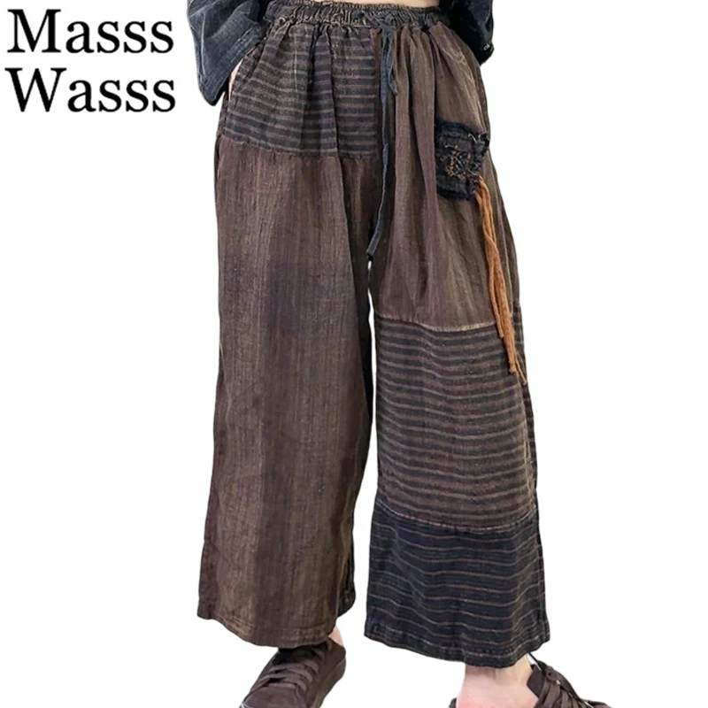

Masss Wasss 2026, весенние повседневные винтажные полосатые брюки, женская классическая хлопково-льняная одежда, женские модные брюки с эластичной резинкой на талии