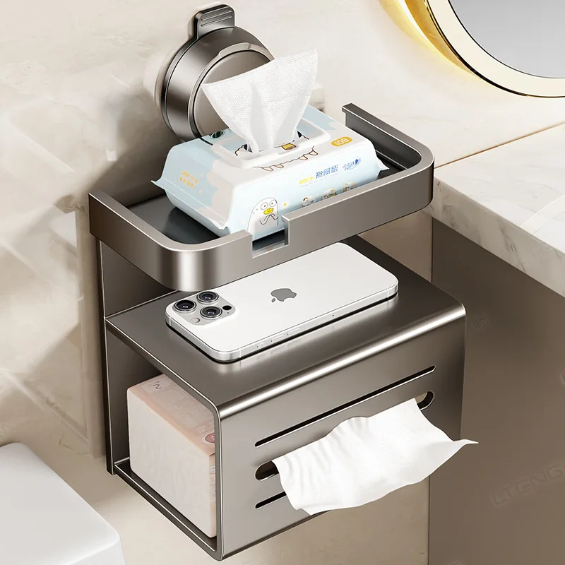 Aluminum Toilet Paper Holder with Storage Shelf No Drill Wall Mount Strong Suction Cup Tissue Holder with Phone Shelf