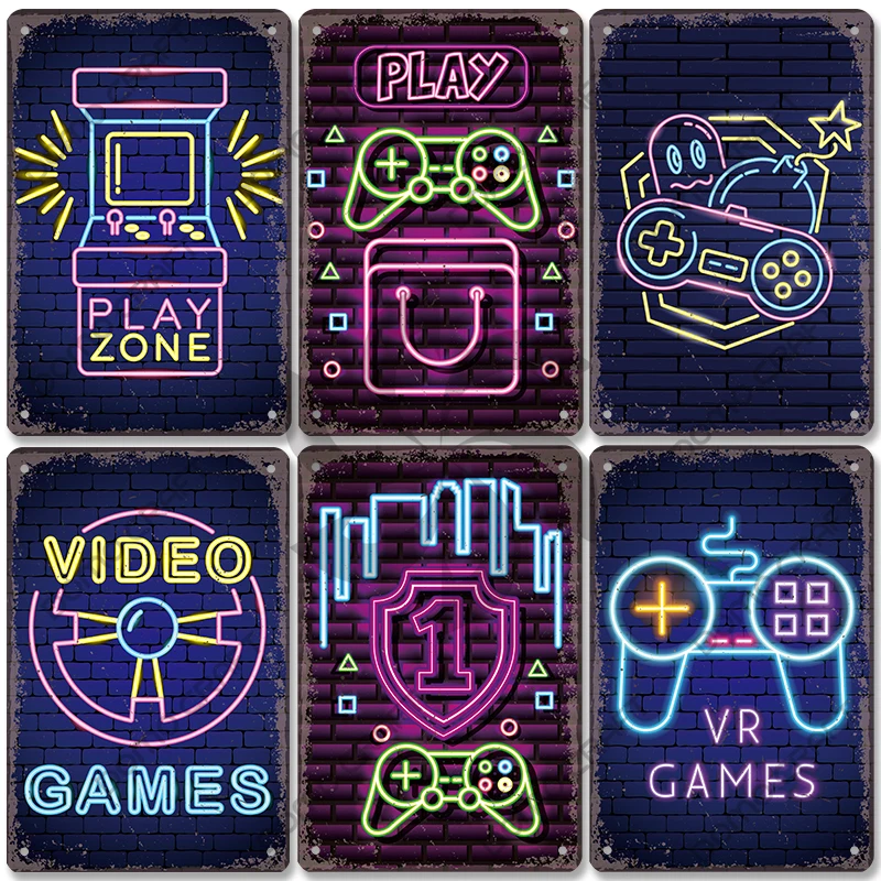 Neon Video Game Poster Metal Plate Gamer Play Win Game Zone Metal Tin Signs Retro Wall Decor Game Room Bar Pub Man Cave