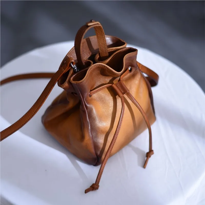 Johnature Vintage Drawstring Bucket Bag Genuine Leather Summer 2024 New High Quality Natural Cowhide Shoulder & Crossbody Bags