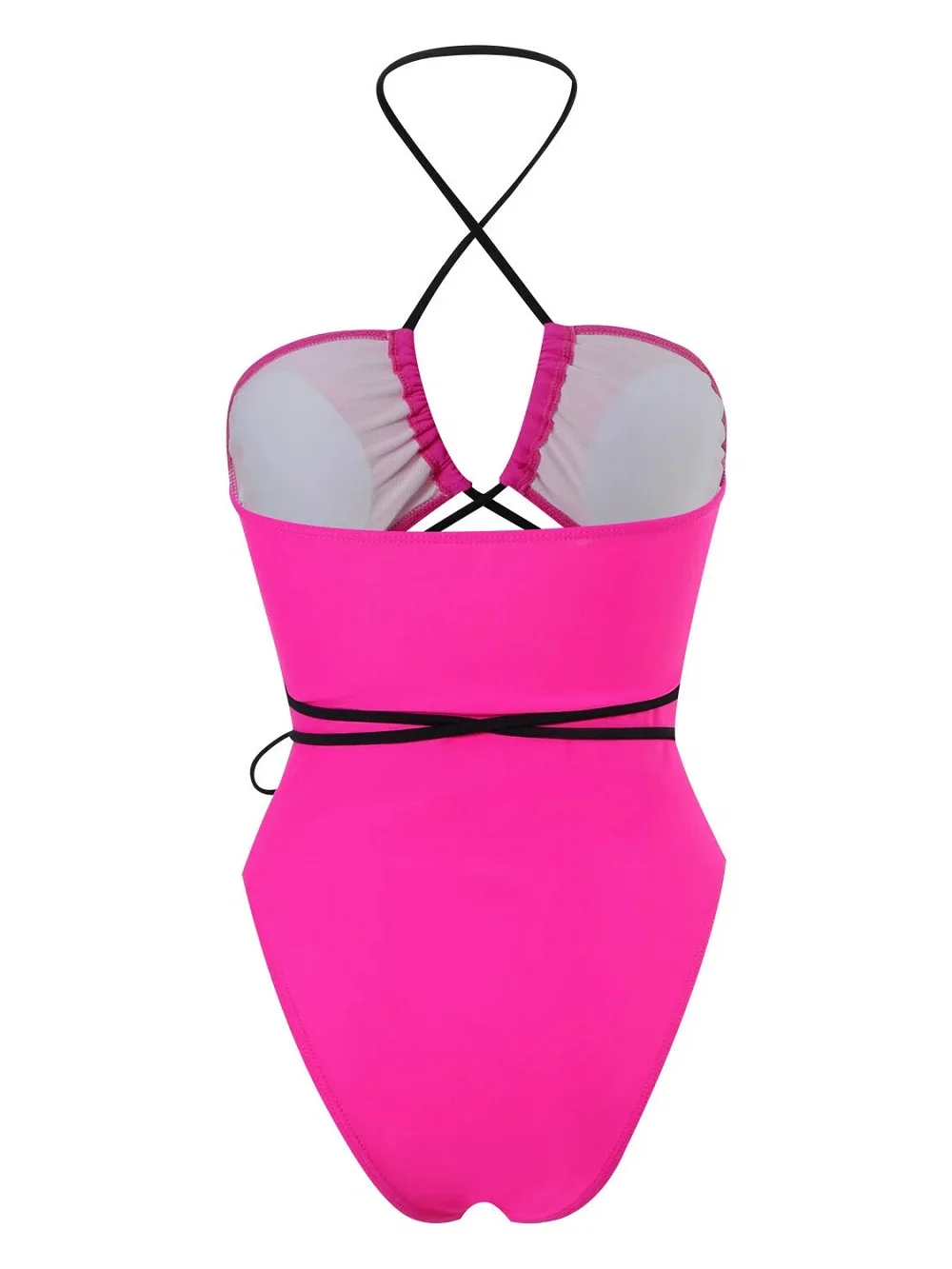Neonrosa Einteiler-Badeanzug für Damen, Netzstoff, überkreuzte Krawatte, Taille, Bauchkontrolle, Badeanzug, sexy, tiefer V-Ausschnitt, verstellbare Strandmode