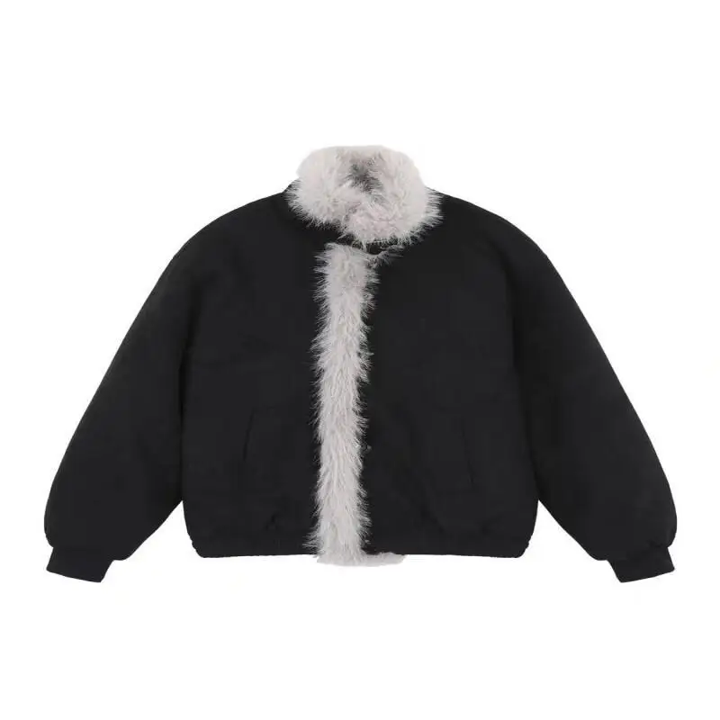 Women's Autumn and Winter Cotton Padded Jacket Outdoor Daily Wear Vintage Faux Fur Coat Winter 2025 New Black Suede Collar Tops