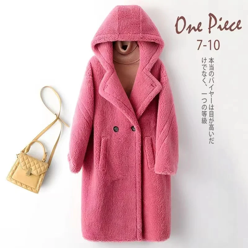 

2024 Winter New Particles Sheep Shearing Fur Coat Women Fashion Hooded Long Overcoat Korean Loose lambswool Jacket Female