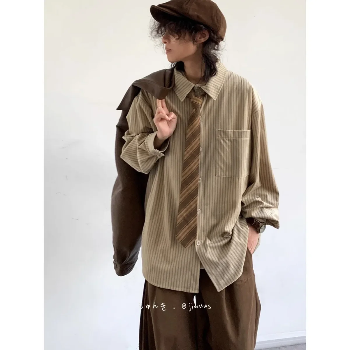 Japanese Vintage Corduroy Striped Shirt Men Autumn New All-match Long Sleeve Loose Casual Lapel Pockets Men's Striped Shirt