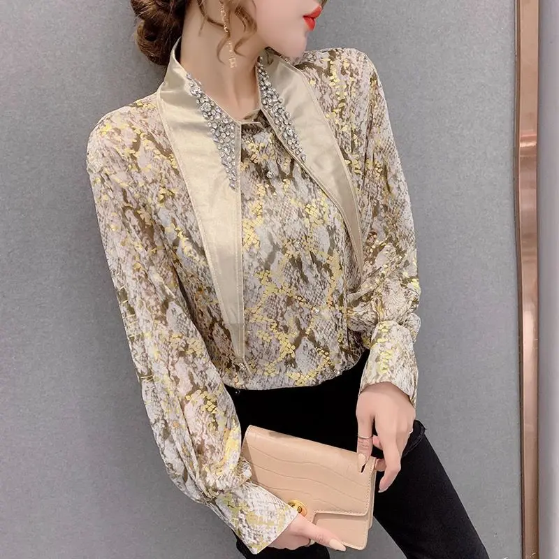 Women Vintage Rhinestone Pointed Collar Designer Party Shirts Spring Autumn Fashion Print Elegant Blouses Long Sleeve Loose Tops