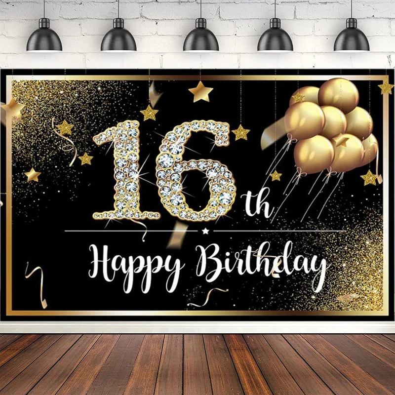 Happy 16th Birthday Photography Backdrop Adult Women Party Background Decoration Golden Balloons Glitter Sprinkle Dots Poster