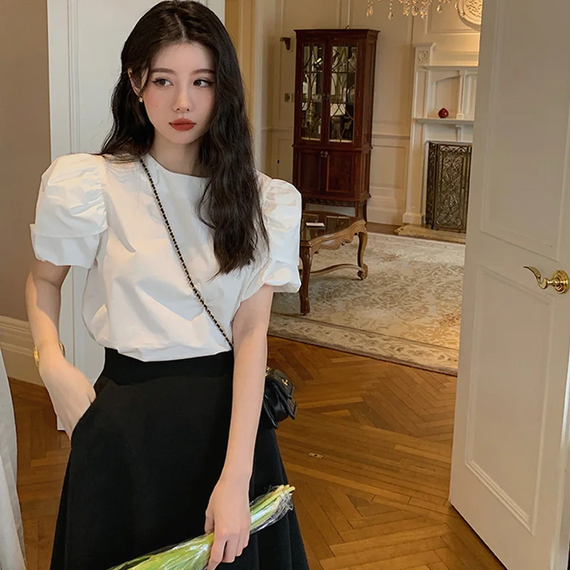 

Women's Vintage White Shirt Summer Design Small Bubble Sleeve Top Korean Style Straight Cut Short Sleeve round Neck