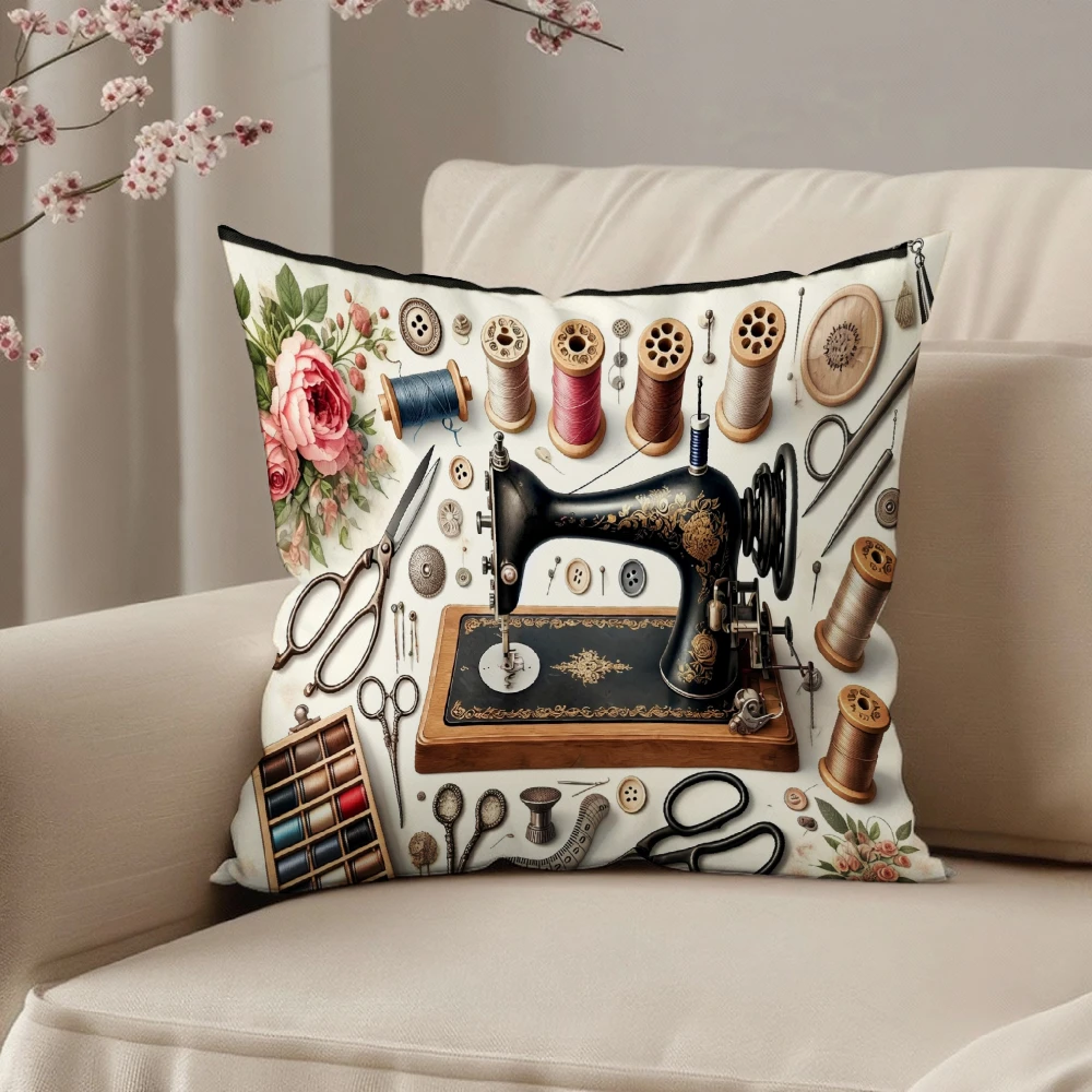 Vintage Sewing Machine Print Square Pillow Case White Floral Scissors Thread Spools Decorative Cushion Cover For Living Room Sof