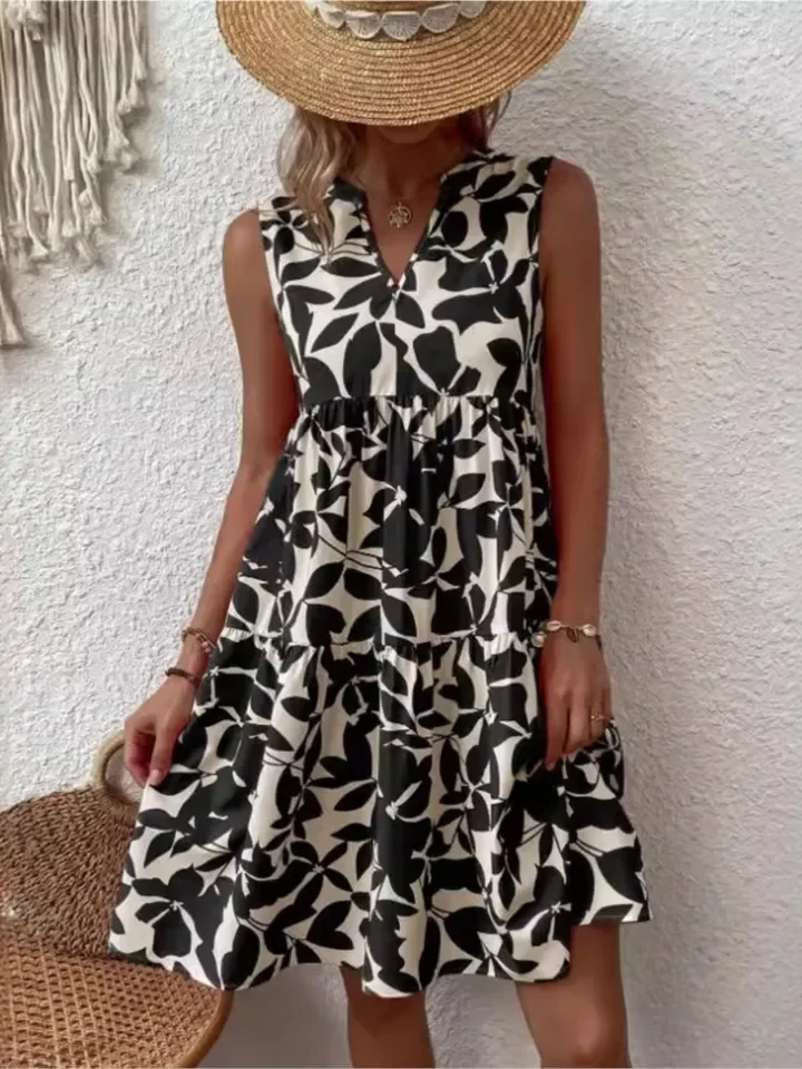 Abito con stampa Boho Lady Casual scollo a V senza maniche Abiti larghi per le donne Moda vacanza Beach Party Gonna Abbigliamento donna Estate