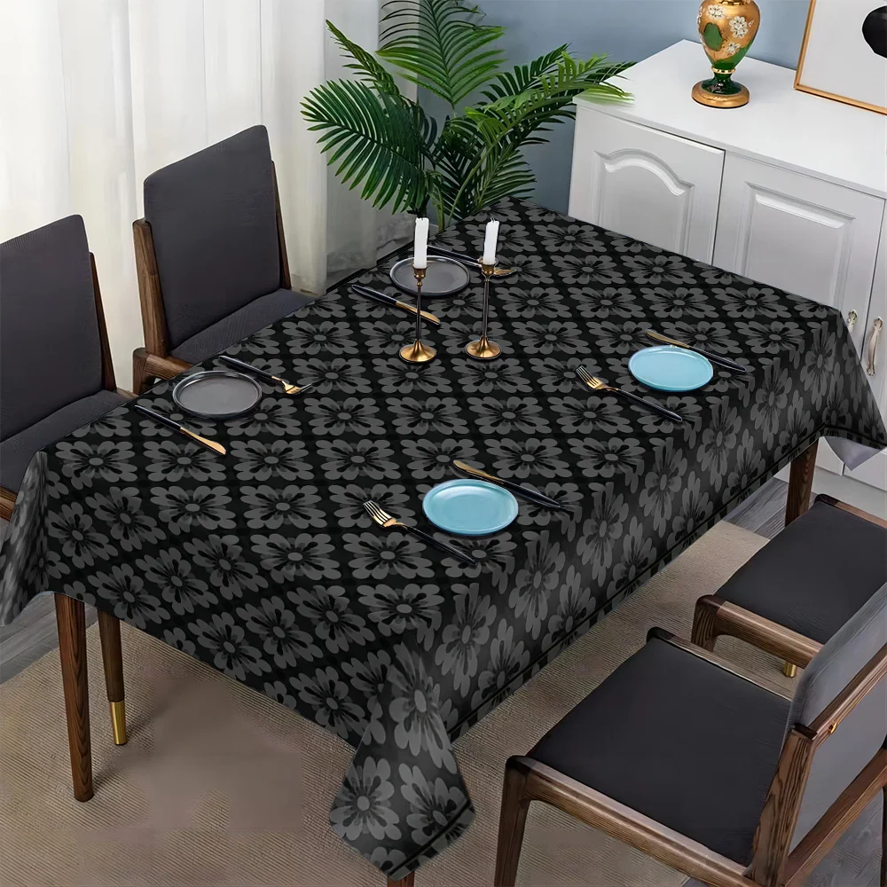 Black Floral Tablecloth, Black Background With Subtle Grey Flower Pattern, Waterproof Table Cover for Daily & Party Use