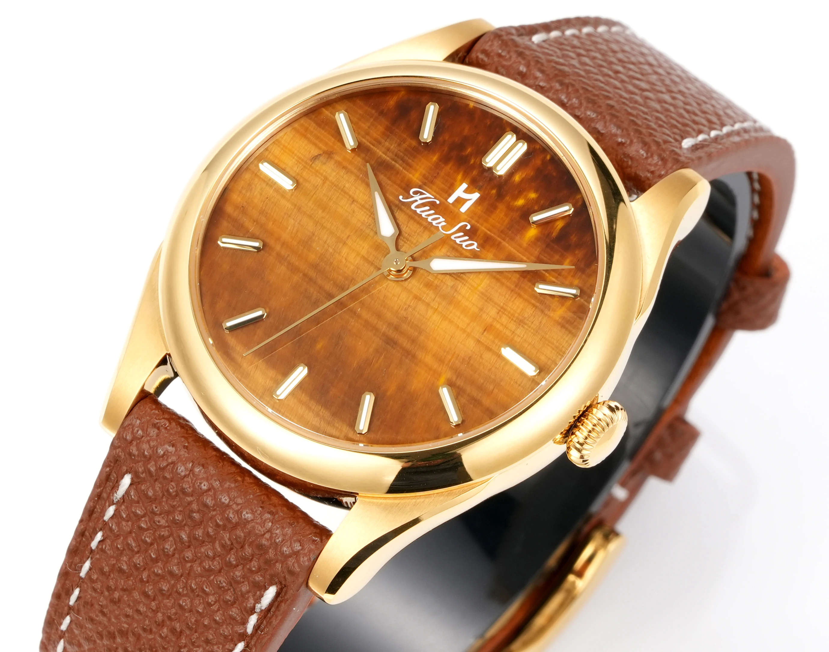 HUASUO 38mm Natural Nemstone Dial Men Watch PT5000 Automatic Mechanical Waterproof Luxury Genuine Leather Business Wristwatch