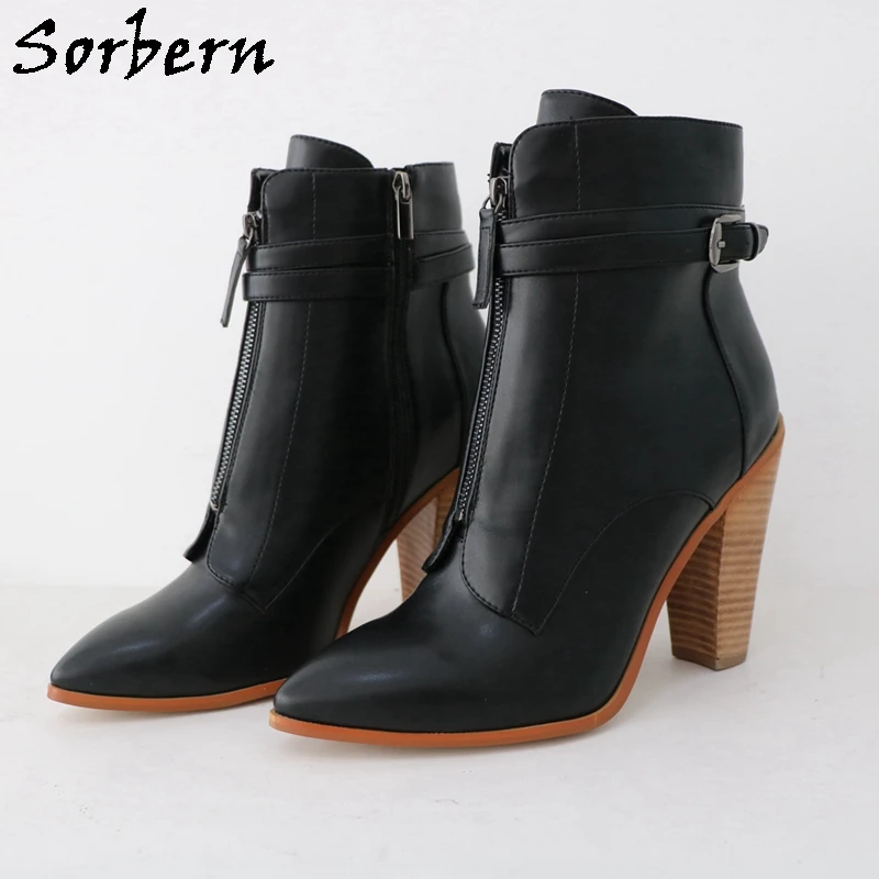 Sorbern Black Matt Ankle Boots Women Block High Heels Pointed Toe Booties Chunky Heels Strips Short Boot Unisex Custom Colors