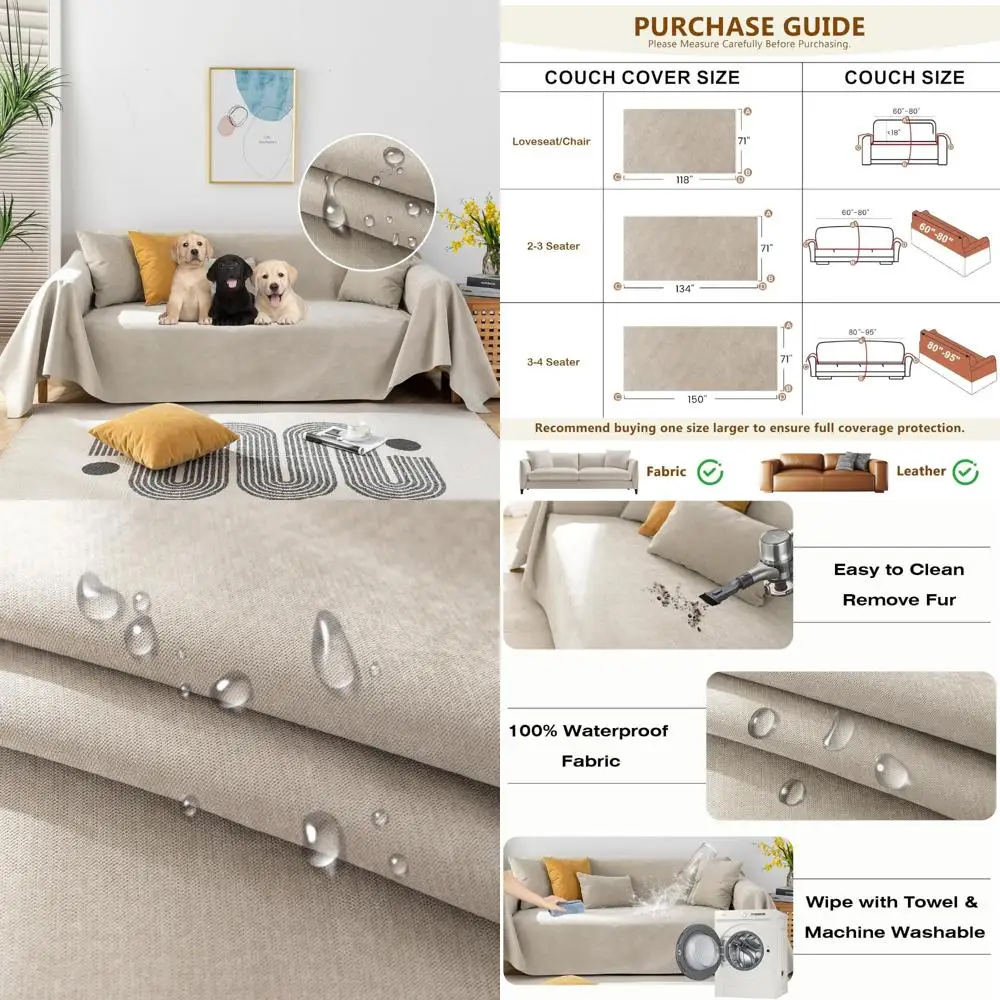 

Waterproof Beige Couch Cover for 3-4 Seat Sofas - Resistant to Water, Slipcovers for Furniture Protection