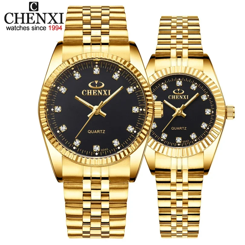 CHENXI 004A Couple Watch Golden Fashion Stainless Steel Lovers Watch Quartz Wrist Watches For Women & Men Analog Wristwatch