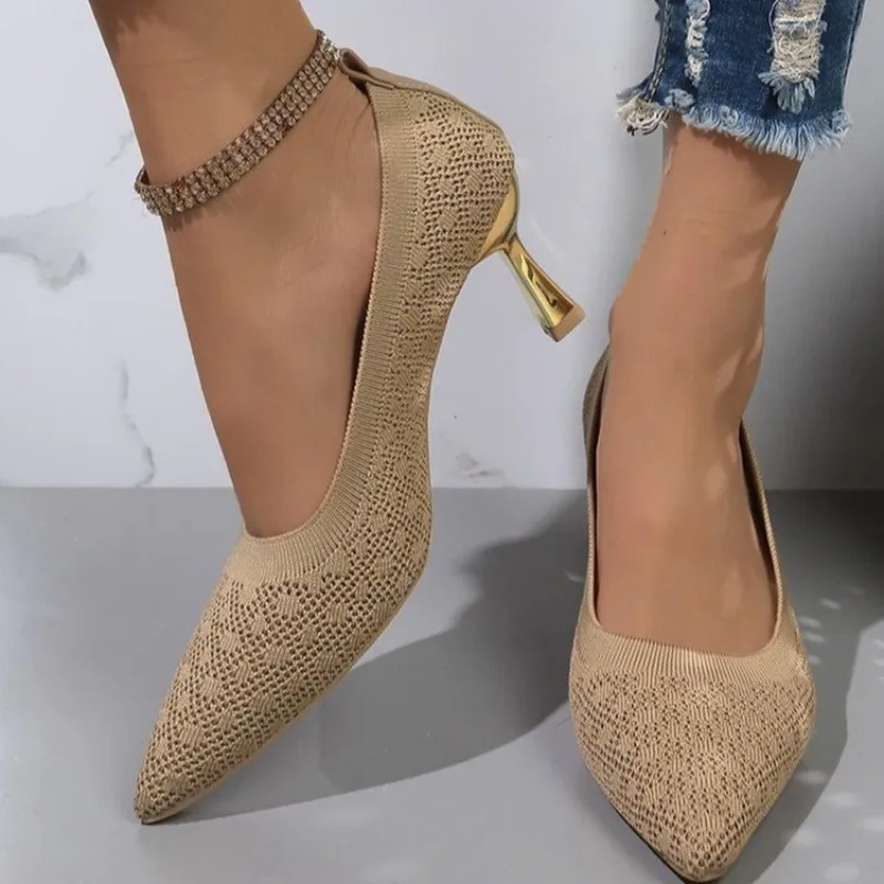 Women High Heel Shoes Knit Breathable Pumpd  Apricot Thin Heels Mesh Pointed Single Shoes Casual Pointed Toe Tacones Mujer 2024