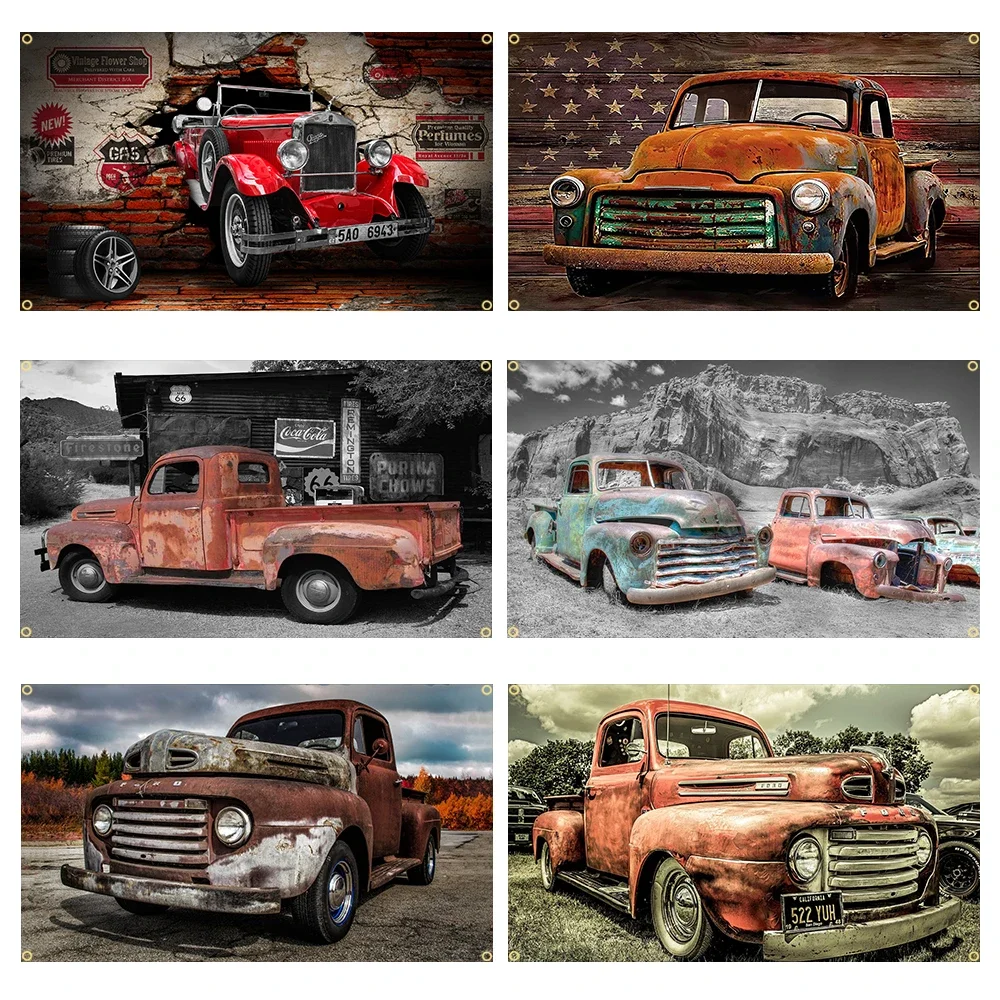 90x150cm Classic Truck Retro Route 66 Poster Flag Polyester Decoration Motor Car Man Cave Garage Pub Club Banner Tapestry Jemony