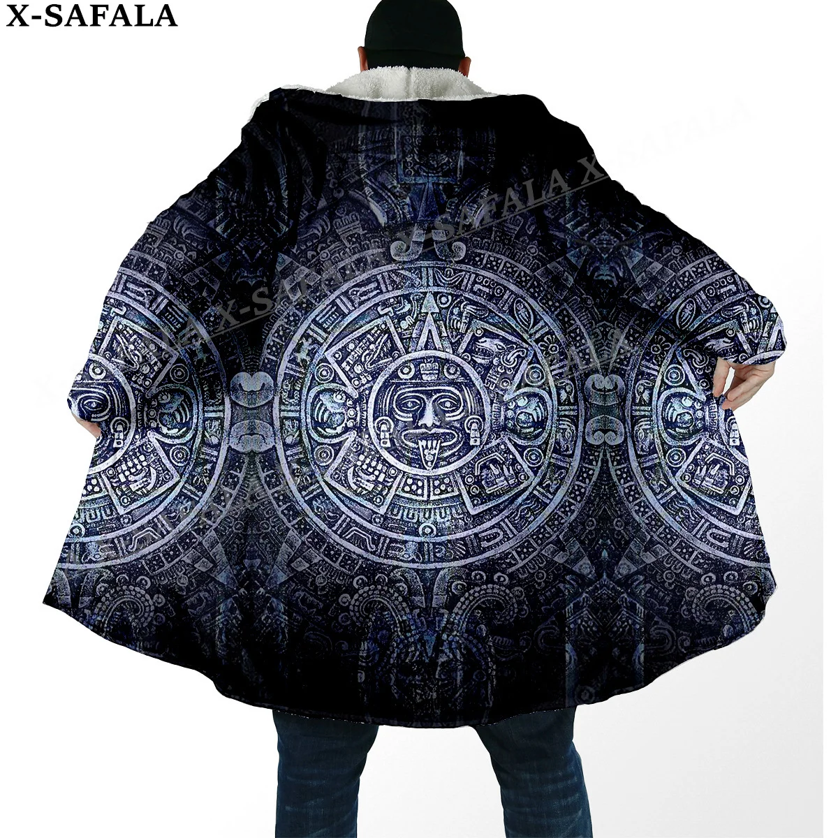 Mexico Aztec Warrior Mexican 3D Print Thick Warm Hooded Cloak Men Overcoat Coat Windproof Fleece Cape Robe Hooded Blanket-8